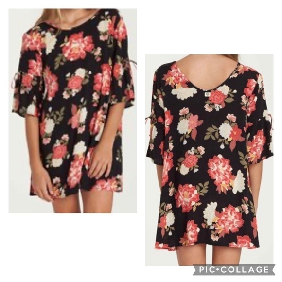 BILLABONG Girls Black Floral Print ALWAYS ON VACATION Rayon Dress Bell Sleeve L - Picture 1 of 9